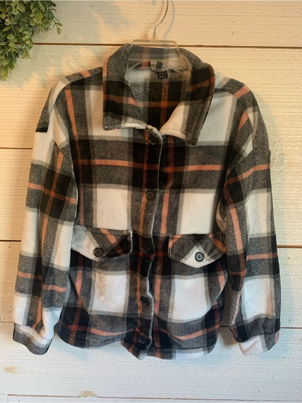 SHEIN Black, White & Pink Plaid Teddy Jacket. Size M